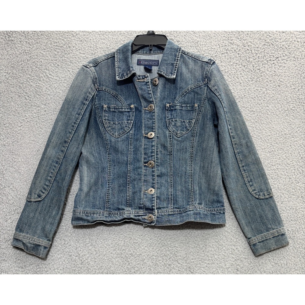 Baccini Denim Short Jean Jacket Button Front Long Sleeve Womens Medium